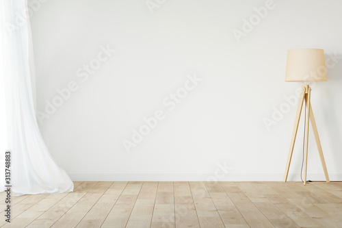White empty room mockup with with sheer curtain, wood floor lamp and wood floor. 3D illustration. photo