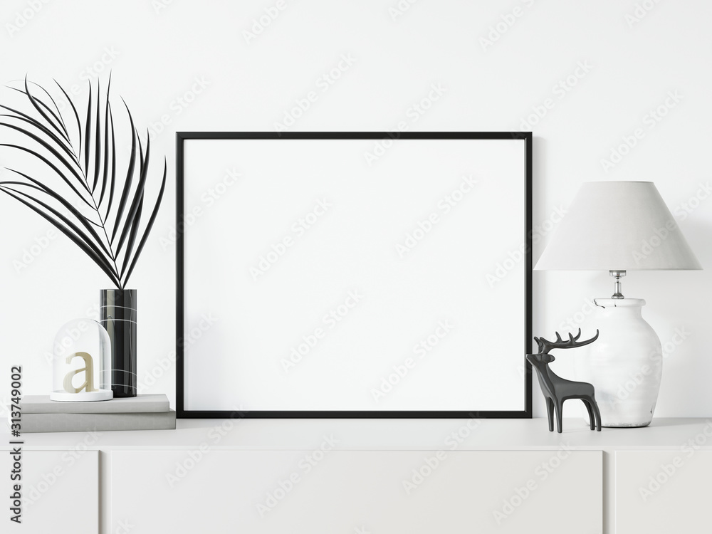Styled horizontal black frame mockup, Empty Black thin landscape frame 3d illustrations.