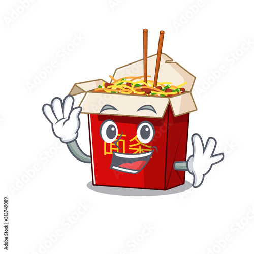 Waving friendly chinese box noodle cartoon character design