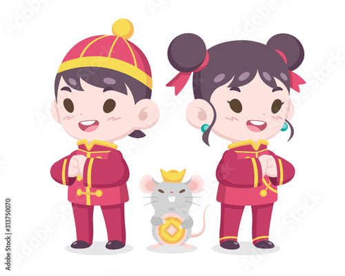 Year of a rat : Cute style Chinese boy and girl with a rat illustration