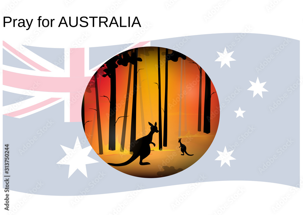 Australia forest fire, Kangaroos in forest fire background with Australian national flag, Save australia concept, Pray for australia, sign symbol background, vector illustration.