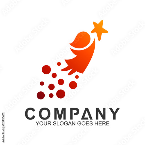 vector of girls fly to reach stars with bubble shape, smart and creative kids logo, children's logo reaches for dreams