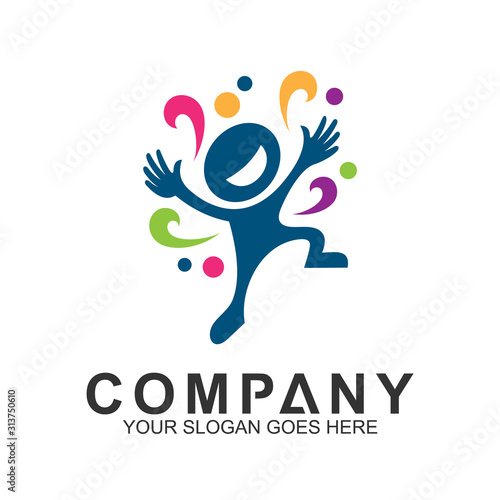 playful people with colorful wave, fun and happy kid logo design