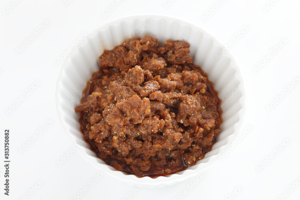 Taiwanese food, spicy ground beef on rice with copy space Taiwanese food, spicy ground beef on rice with copy space