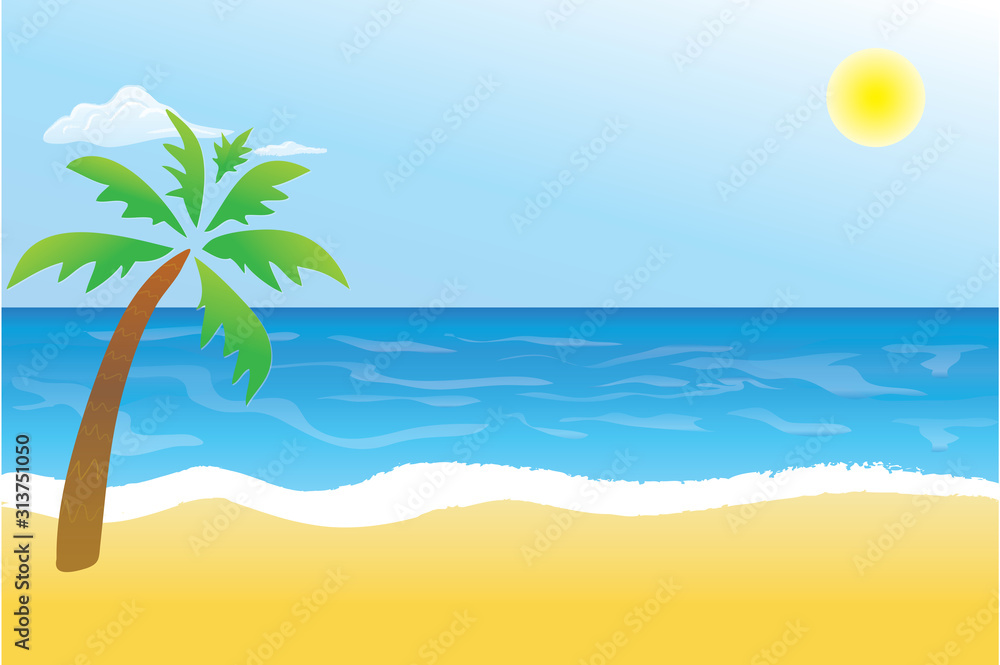 Beach Background with Sand, Ocean, Palm Tree, and Sun