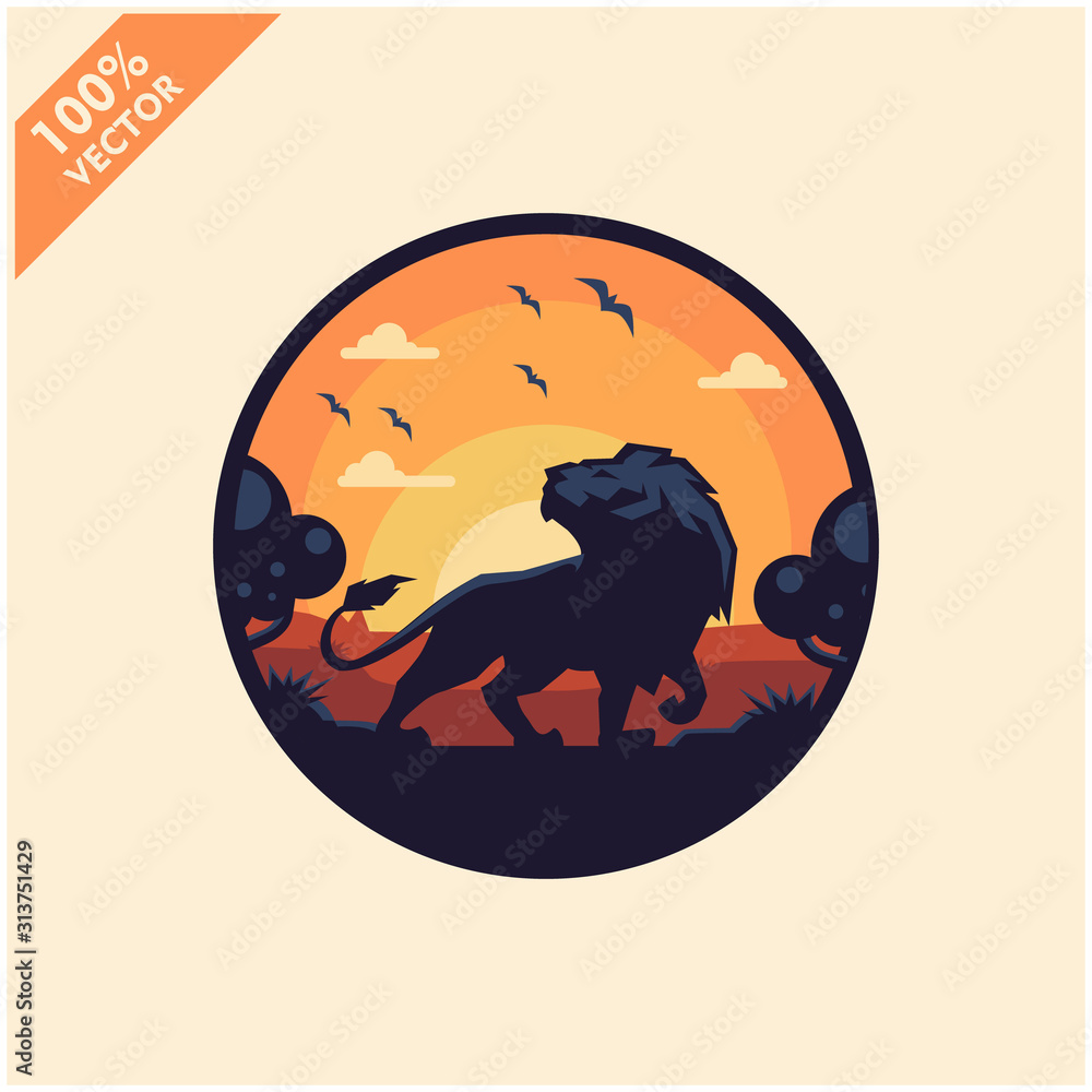 Lion with sunset background safari zoo logo vector