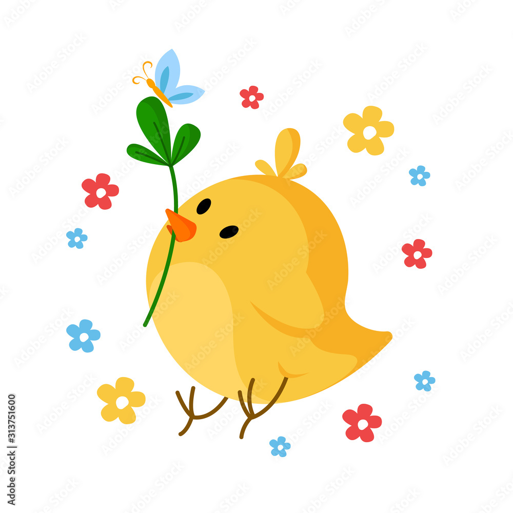 Cartoon Easter Day - little chicken witn green leaf and spring flowers, cute cartoon kids holiday illustration, isolated character on white, ideal for greeting postcards, prints, posters - vector
