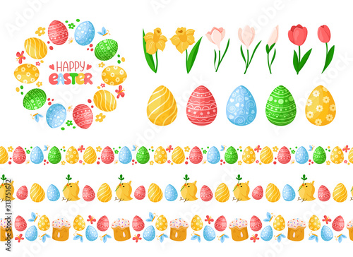 Easter Day seamless borders with easter eggs, chickens, cakes and wreath or round frame, lettering, endless bordure or stripe, isolated eggs and spring flowers on white - vector set for holiday decor