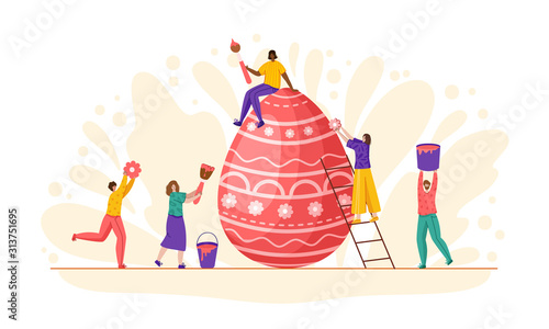 Easter Day - miniature people decorate giant easter eggs, tiny man and woman with macro spring holiday objects, teamwork concept, ideal for banner, website, cards - vector flat or handdrawn characters