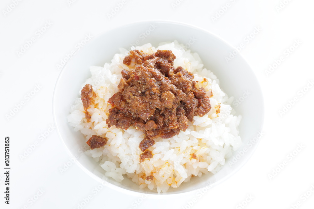 Taiwanese food, spicy ground beef on rice with copy space Taiwanese food, spicy ground beef on rice with copy space