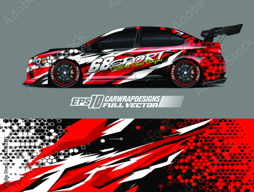 Drift car graphic livery design vector. Graphic abstract stripe racing background designs for wrap cargo van, race car, pickup truck, adventure vehicle. Eps 10