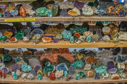 Variety of fossils and minerals for sale at a store