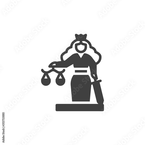 Statue of justice vector icon. filled flat sign for mobile concept and web design. Themis Statue with Justice Scales glyph icon. Symbol, logo illustration. Vector graphics