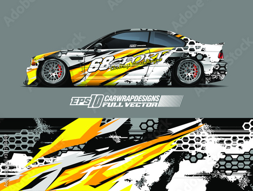 Drift car graphic livery design vector. Graphic abstract stripe racing background designs for wrap cargo van, race car, pickup truck, adventure vehicle. Eps 10