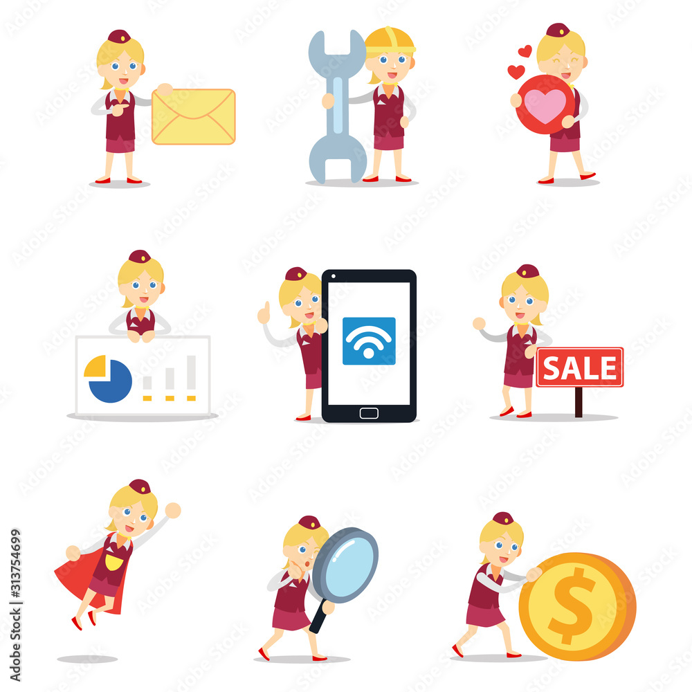 Set of character female as a plane flight attendant. Set of character female as a plane flight attendant.