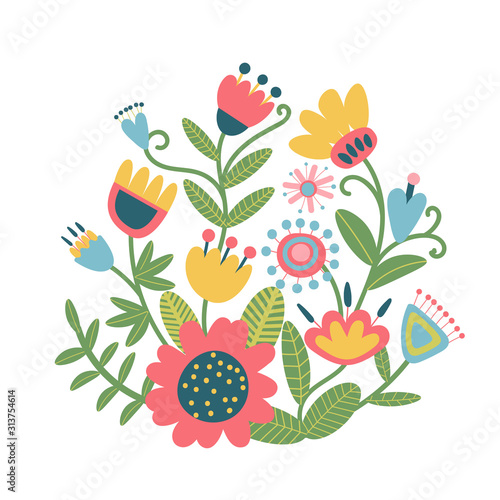 Floral bouquet of hand drawn fantasy folk flowers. Botanical illustration in flat cartoon style. Great as banner, print and card.