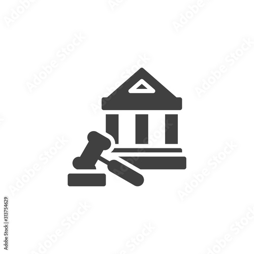 Courthouse building and judge gavel vector icon. filled flat sign for mobile concept and web design. Justice court building glyph icon. Symbol, logo illustration. Vector graphics