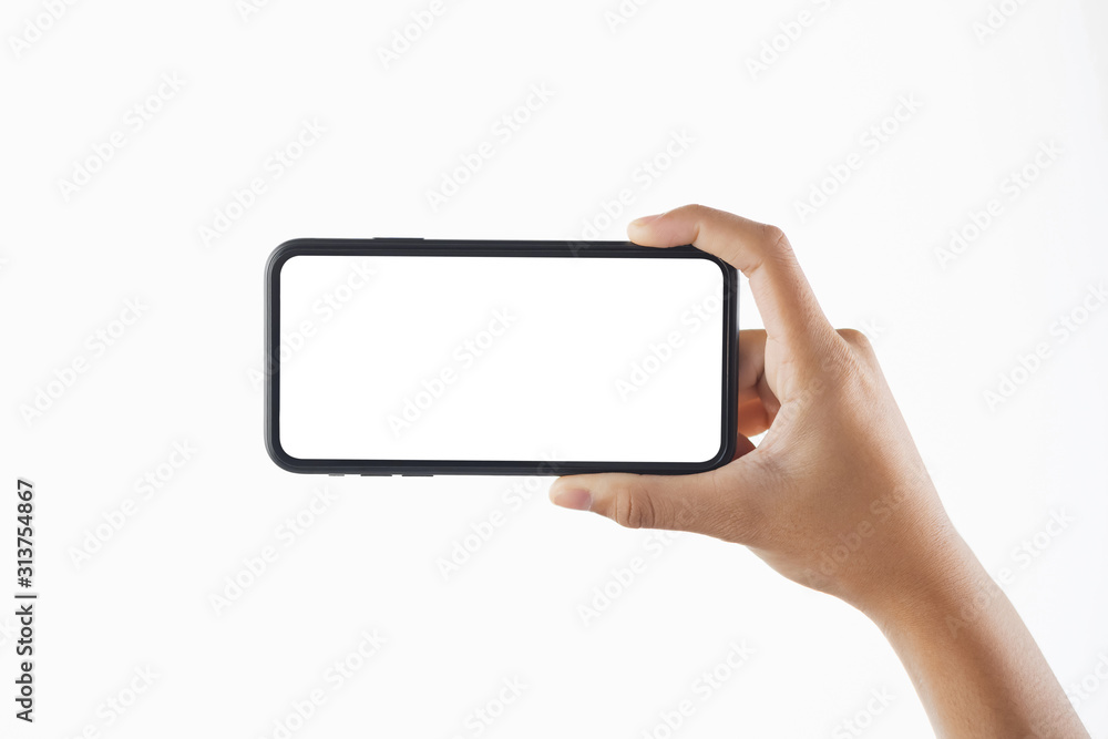 closeup hand woman holding black smartphone blank screen isolate on white background closeup hand woman holding black smartphone blank screen isolate on white background