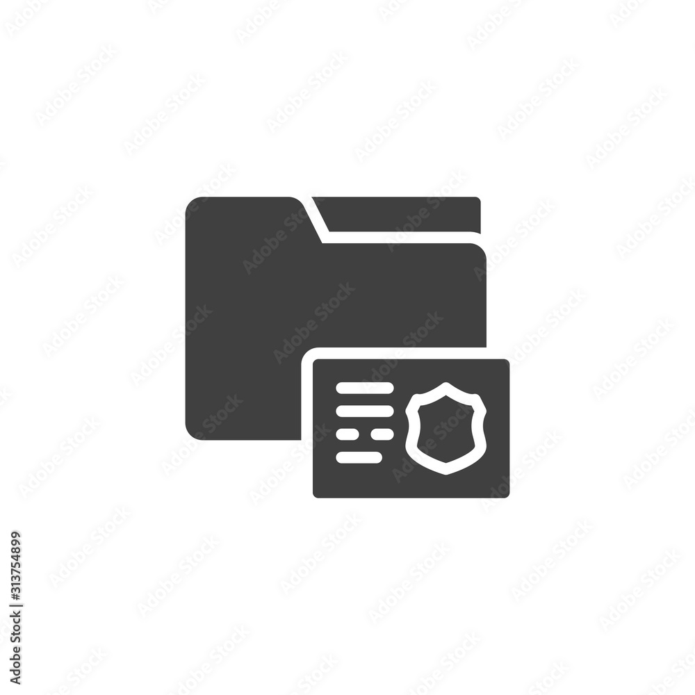 Investigations folder vector icon. Legal documents filled flat sign for mobile concept and web design. Secret file folder with police badge glyph icon. Symbol, logo illustration. Vector graphics