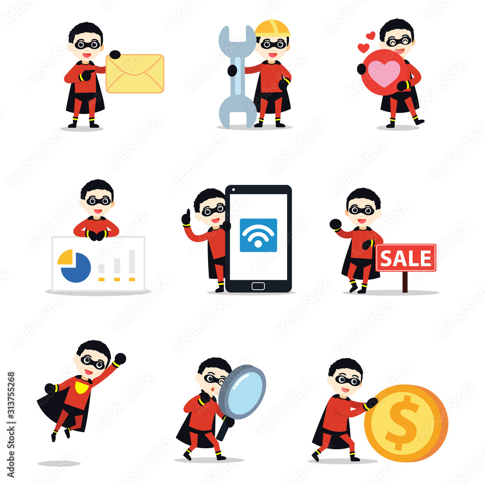 Set of character man in a super hero costume. Set of character man in a super hero costume.