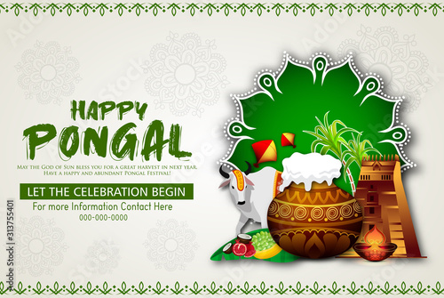 Illustration of Happy Pongal Holiday Harvest Festival of Tamil Nadu South India greeting vector background photo