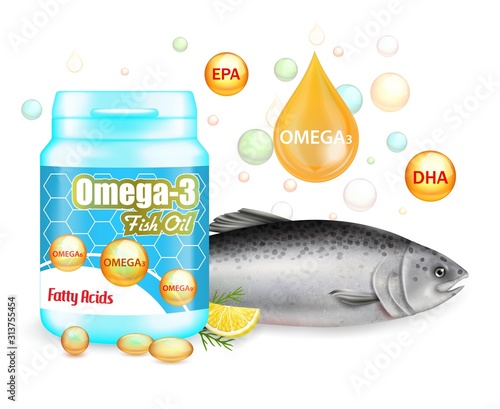 Omega 3 fish oil supplement advertising vector poster template