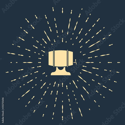 Beige Wooden barrel on rack with stopcock icon isolated on blue background. Abstract circle random dots. Vector Illustration