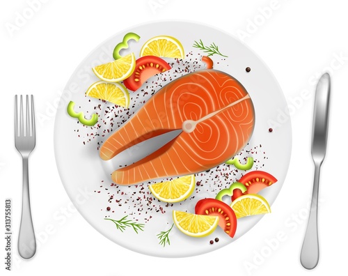 Salmon fish steak on plate, vector realistic illustration