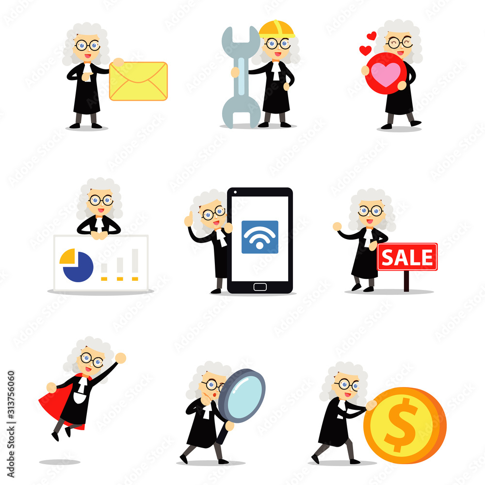 Set of woman character with judge equipment. Set of woman character with judge equipment.