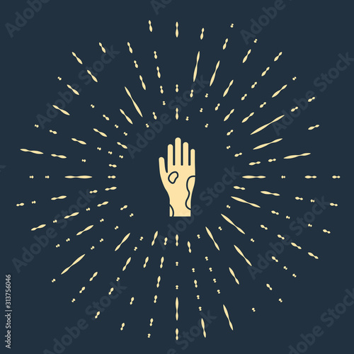 Beige Hand with psoriasis or eczema icon isolated on blue background. Concept of human skin response to allergen or chronic body problem. Abstract circle random dots. Vector Illustration