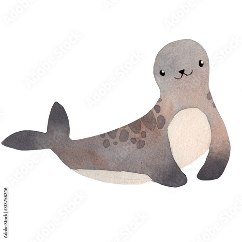 Cute kawaii watercolor seal illustration. Picture for children poster and greeting card print