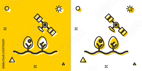 Black Smart farm with drone control and tree icon isolated on yellow and white background. Innovation technology for agricultural company. Random dynamic shapes. Vector Illustration