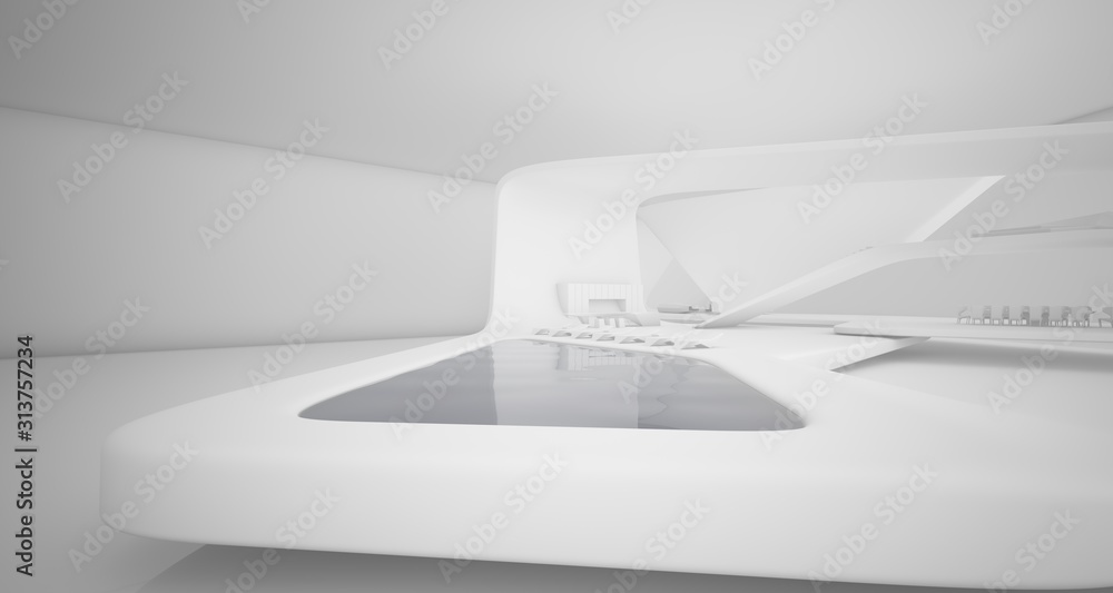 Abstract architectural smooth white interior of a minimalist house with swimming pool. 3D illustration and rendering. Abstract architectural smooth white interior of a minimalist house with swimming pool. 3D illustration and rendering.