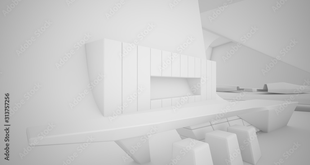 Fototapeta premium Abstract architectural smooth white interior of a minimalist house with swimming pool. 3D illustration and rendering.