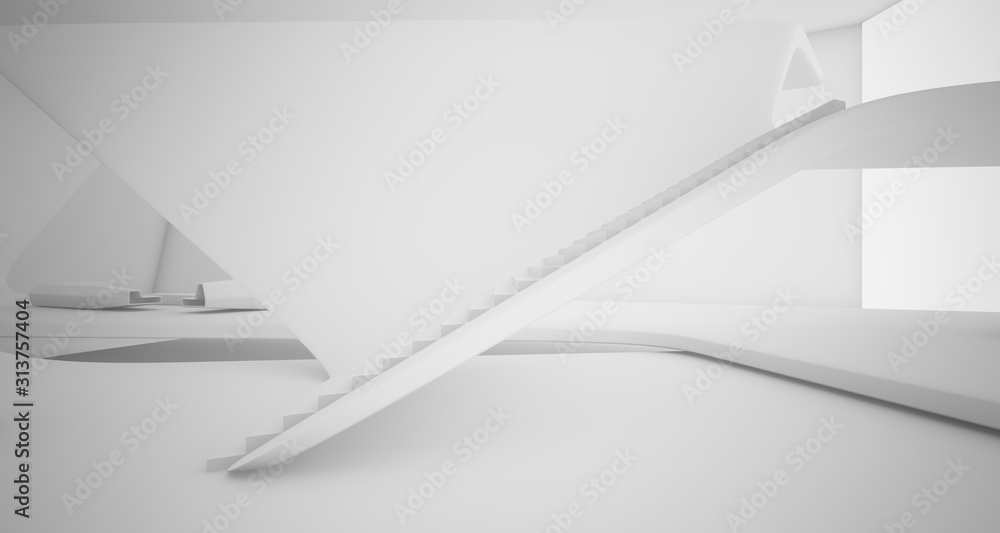 Abstract architectural smooth white interior of a minimalist house with swimming pool. 3D illustration and rendering.