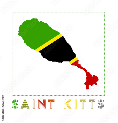 Saint Kitts Logo. Map of Saint Kitts with island name and flag. Neat vector illustration.