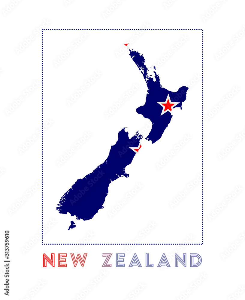 New Zealand Logo. Map of New Zealand with country name and flag. Awesome vector illustration