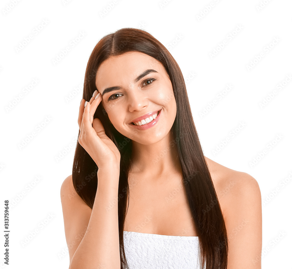 Beautiful young woman with healthy skin on white background Beautiful young woman with healthy skin on white background