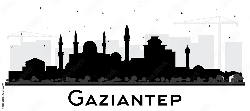 Gaziantep Turkey City Skyline Silhouette with Black Buildings Isolated on White.
