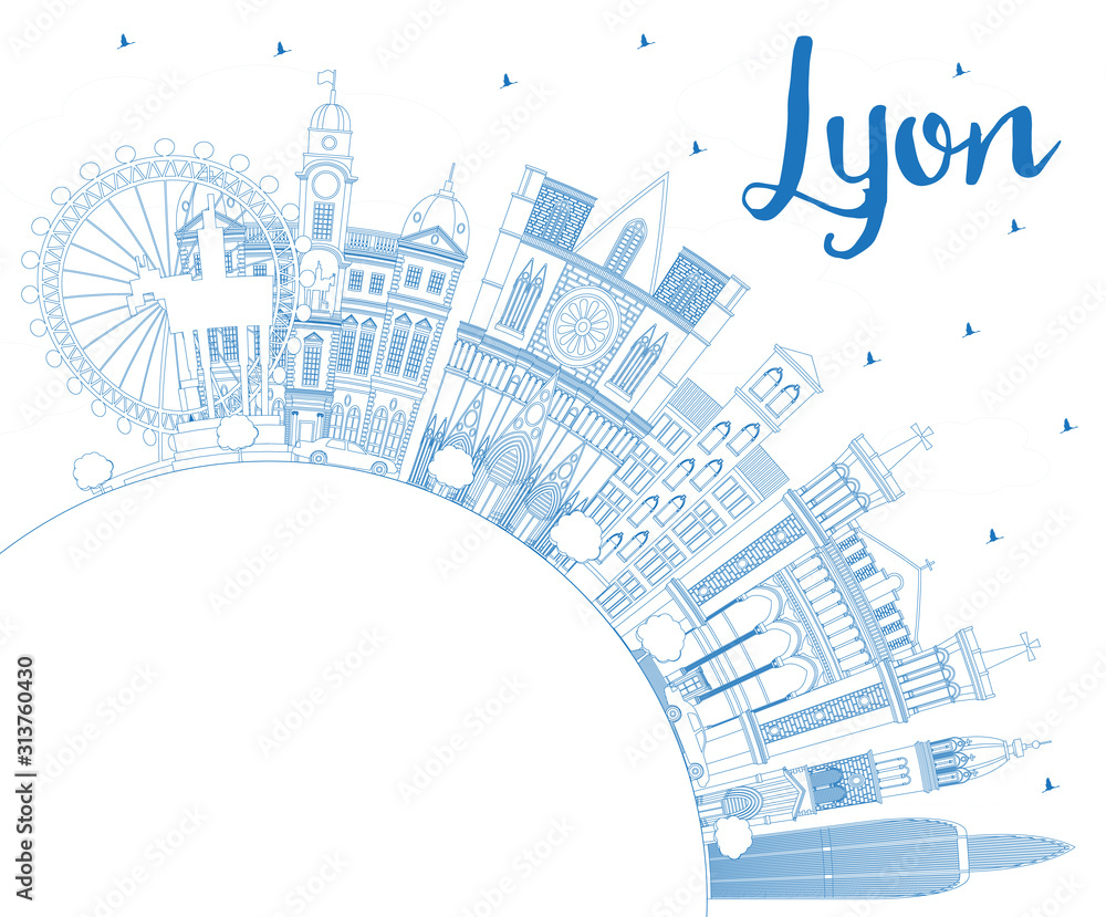 Outline Lyon France City Skyline with Blue Buildings and Copy Space.