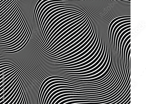  Digital image with a psychedelic stripes Wave design black and white. Optical art background. Texture with wavy  curves lines. Vector illustration