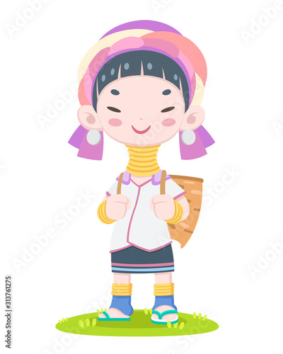 A local tribe of Northern Thailand, Cute style happy Karen long neck woman vector illustration 