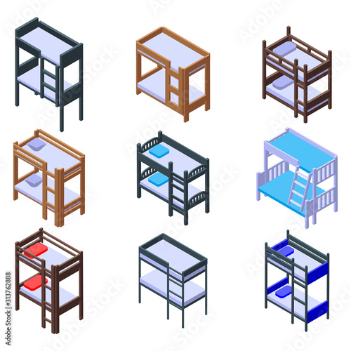 Bunk bed icons set. Isometric set of bunk bed vector icons for web design isolated on white background