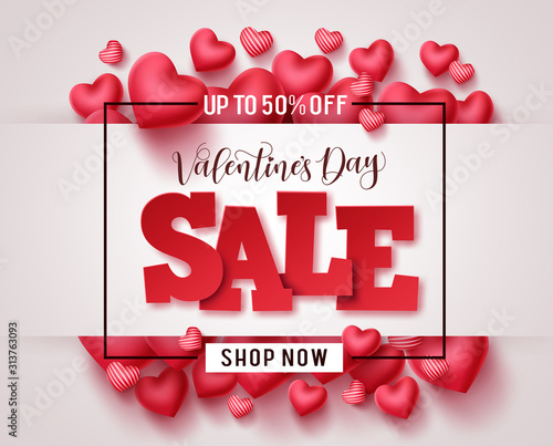 Valentines day sale vector promotional banner. Valentine sale 3D text with heart shapes elements in white background for valentines day discount promotion. Vector illustration.