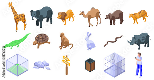 Park zoo icons set. Isometric set of park zoo vector icons for web design isolated on white background