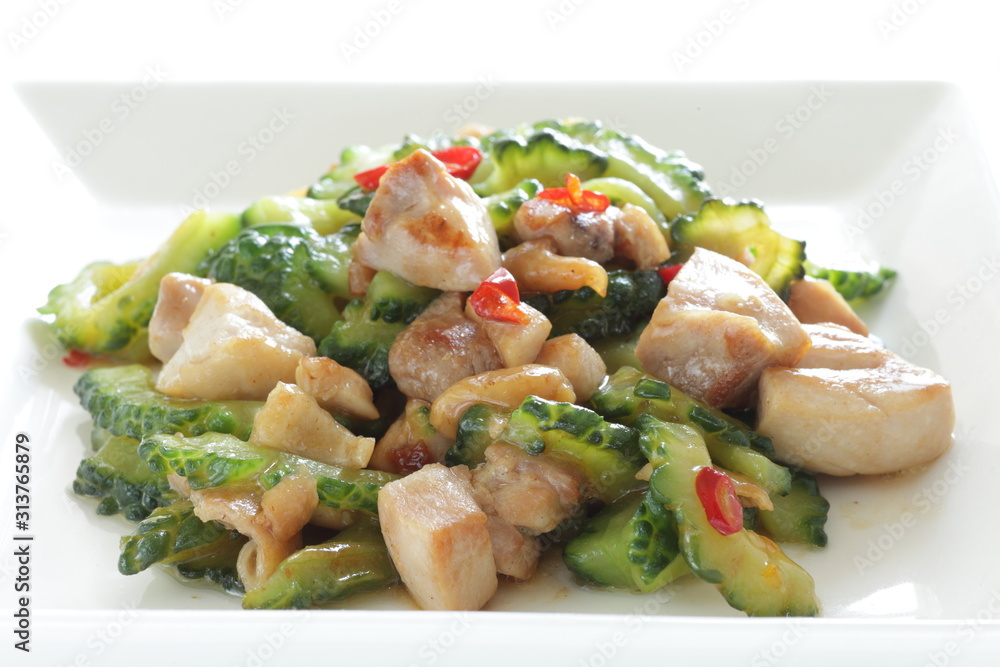 Chinese food, bitter melon and chicken stir fried Chinese food, bitter melon and chicken stir fried