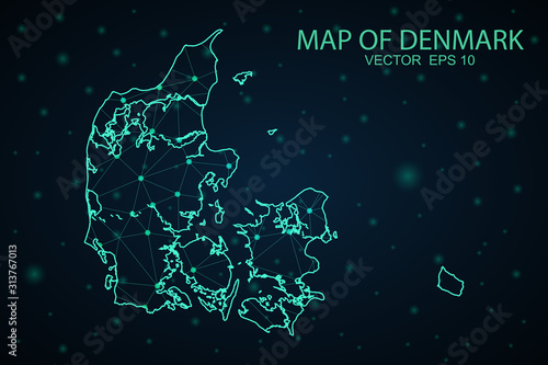 Map of Denmark. Wire frame 3D mesh polygonal network line, design sphere, dot and structure. Vector illustration eps 10.