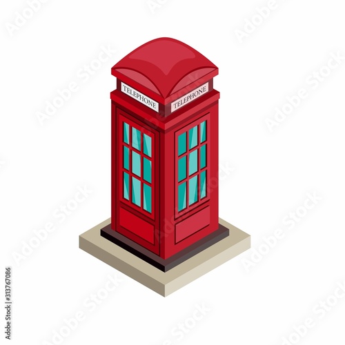 Telephone booth, British landmark building symbol icon in white background illustration in isometric editable vector in eps 10
