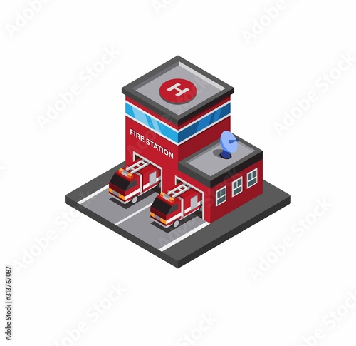 fire station, fire fighter rescue building with fire truck with white background isometric illustration editable vector