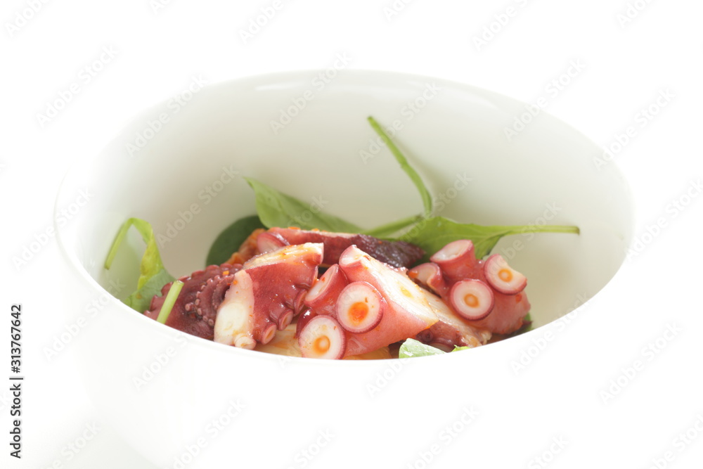 Japanese food, boiled octopus and baby leaf vegetable salad